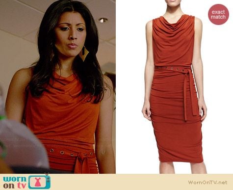 Donna Karan Ruched Jersey Self-Belted Dress worn by Reshma Shetty on Royal Pains