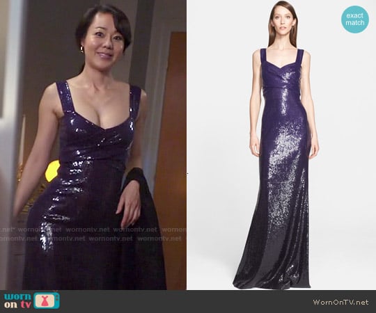 Donna Karan Sweetheart Neckline Sequin Gown worn by Karen Rhodes (Yunjin Kim) on Mistresses