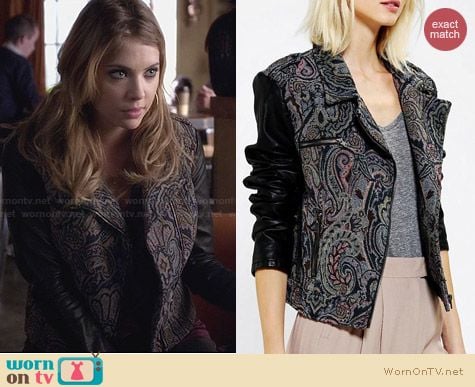 Ecote Tapestry Mix Media Moto Jacket from Urban Outfitters worn by Ashley Benson on PLL