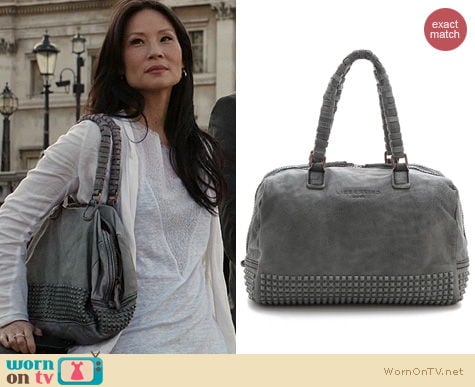 WornOnTV: Joan’s white triangle inset tee and grey studded purse on ...