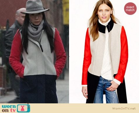 Fashion of Elementary: J. Crew Colorblock Funnelneck coat worn by Lucy Liu