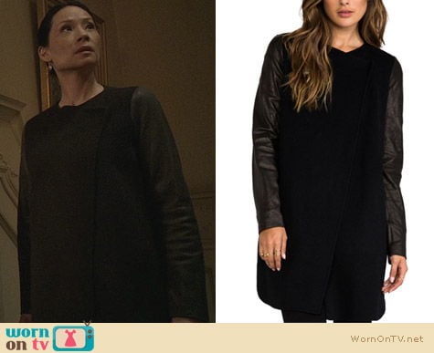 Fashion of Elementary: Vince Double Face Wool Coat with Leather Sleeves worn by Lucy Liu