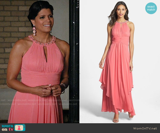 Eliza J Embellished Tiered Chiffon Halter Gown worn by Xiomara Villanueva (Andrea Navedo) on Jane the Virgin