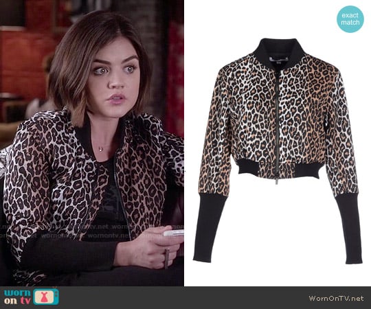 Elizabeth and James Lena Animal Print Bomber Jacket worn by Aria Montgomery (Lucy Hale) on Pretty Little Liars