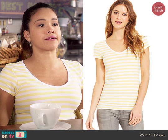 Energie Short Sleeve V-Neck Tee in Vibrant Yellow/Bright White Stripe worn by Jane Villanueva (Gina Rodriguez) on Jane the Virgin