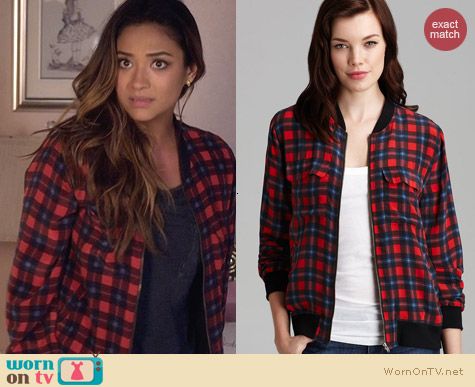 Equipment Abbott Check Jacket worn by Shay Mitchell on PLL