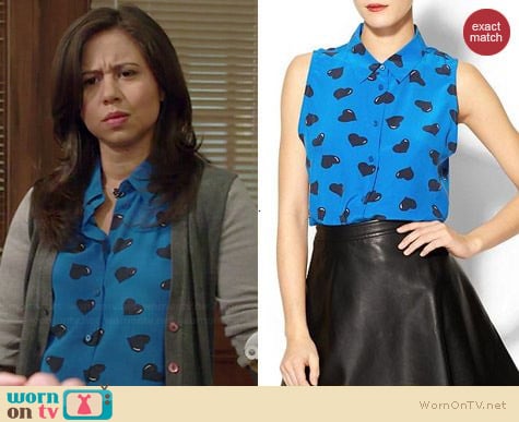 Equipment Colleen Top in Blue Heart Print worn by Chloe Wepper on Manhattan Love Story