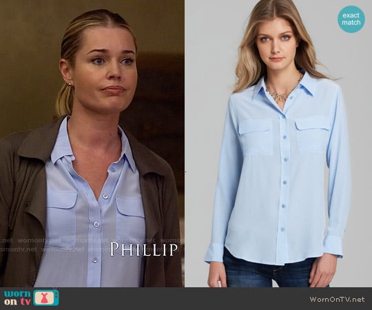 Equipment Signature Blouse in Periwinkle Blue worn by Eve Baird (Rebecca Romijn) on The Librarians