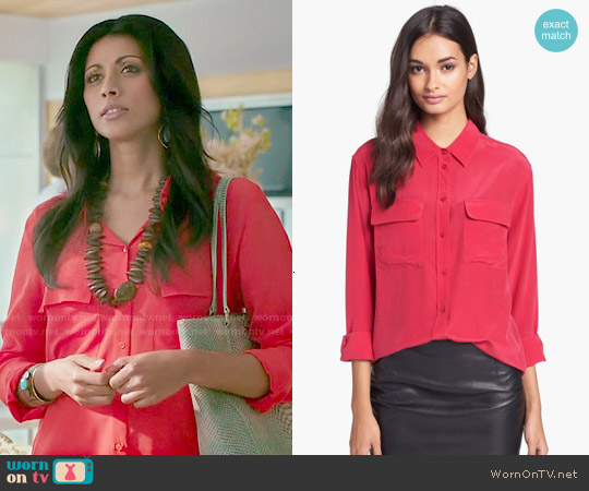 Equipment Signature Silk Shirt in Red worn by Divya Katdare (Reshma Shetty) on Royal Pains