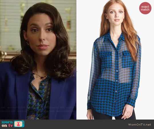 Equipment Signature Houndstooth Silk Shirt worn by Jade Catta-Preta on Manhattan Love Story