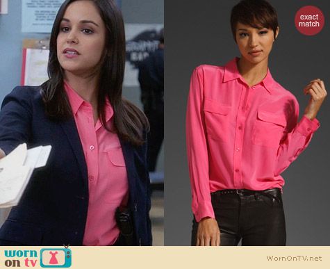 Equipment Signature Shirt in Hot Pink worn by Santiago on Brooklyn 99