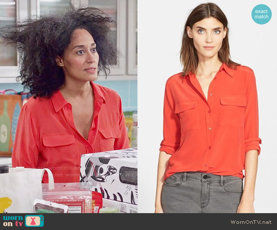 Equipment Slim Signature Silk Shirt in Cherry Red worn by Rainbow Johnson (Tracee Ellis Ross) on Black-ish