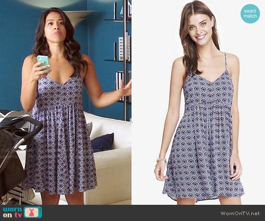 Express Printed Strappy Trapeze Babydoll Dress worn by Jane Villanueva (Gina Rodriguez) on Jane the Virgin