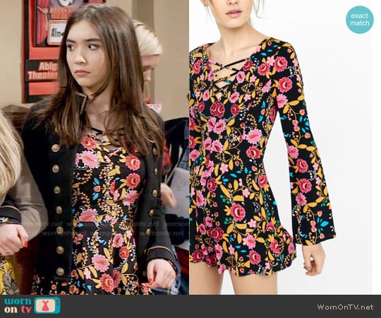 Express Bold Floral Print Lace-Up Neckline Romper worn by Riley Matthews (Rowan Blanchard) on Girl Meets World