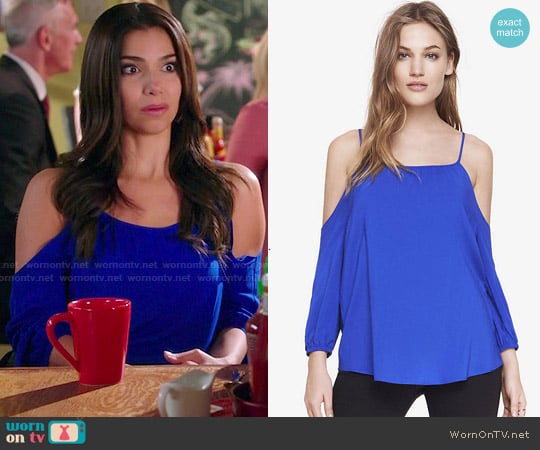 Express Cold Shoulder Blouse in Celestial Blue worn by Carmen Luna (Roselyn Sanchez) on Devious Maids