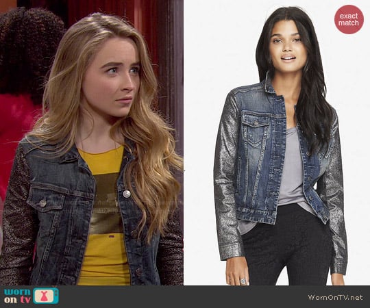 Express Crackled Metallic Sleeve Denim Jacket worn by Maya Hart (Sabrina Carpenter) on Girl Meets World