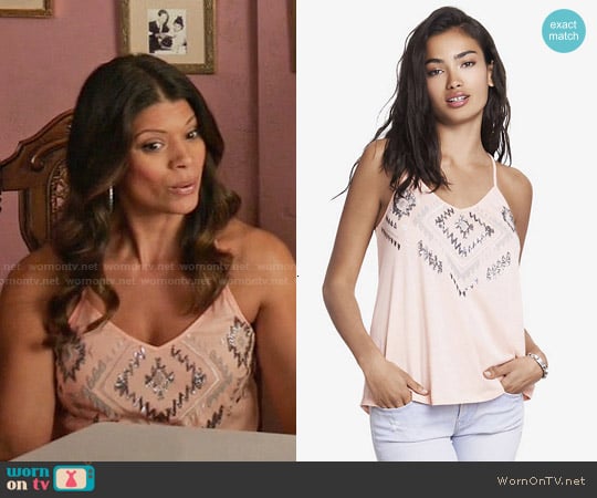 Express Embellished Southwestern Racerback Cami in Coral Pink worn by Xiomara Villanueva (Andrea Navedo) on Jane the Virgin