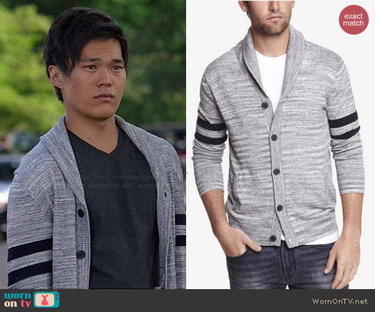 Express Heathered Stripe Shawl Collar Cardigan worn by John Kim on The Librarians