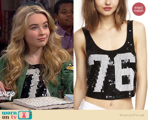 Express Lace Back Cropped Graphic Sequin Tank worn by Sabrina Carpenter on Girl Meets World