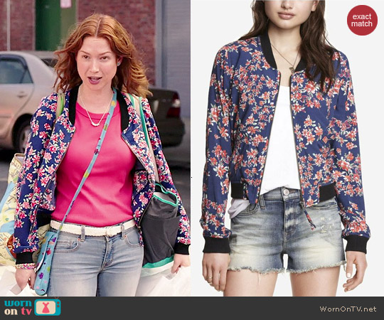 Express Soft Floral Bomber Jacket worn by Ellie Kemper on Unbreakable Kimmy Schmidth