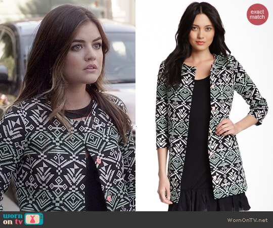 Flying Tomato & Jealous Tomato Jacquard Aztec Print Jacket worn by Aria Montgomery (Lucy Hale) on Pretty Little Liars