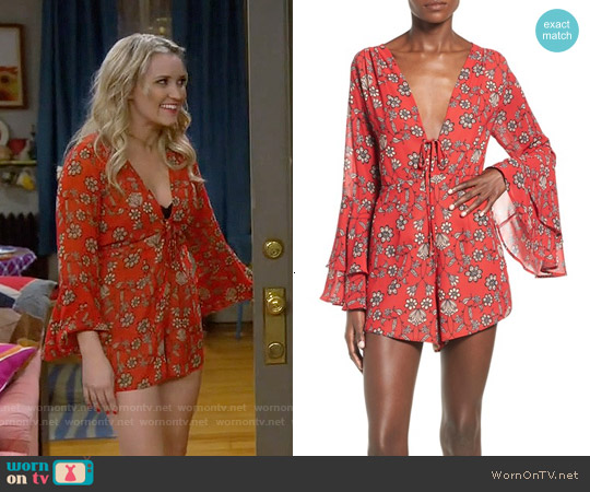 For Love & Lemons Pia Red Floral Romper worn by Gabi Diamond (Emily Osment) on Young and Hungry