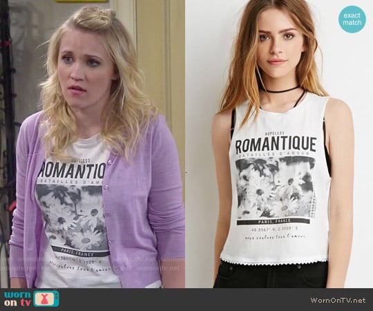 Forever 21 Crochet-Trimmed Romantique Graphic Tank worn by Gabi Diamond (Emily Osment) on Young and Hungry