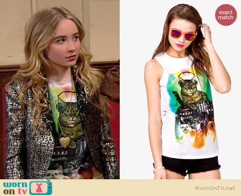 Forever 21 Cat Party Muscle Tee worn by Sabrina Carpenter on Girl Meets World