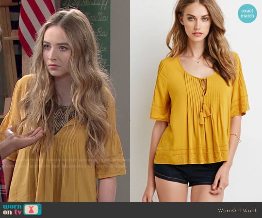 Forever 21 Embroidered Pintucked Blouse in Mustard worn by Maya Hart (Sabrina Carpenter) on Girl Meets World