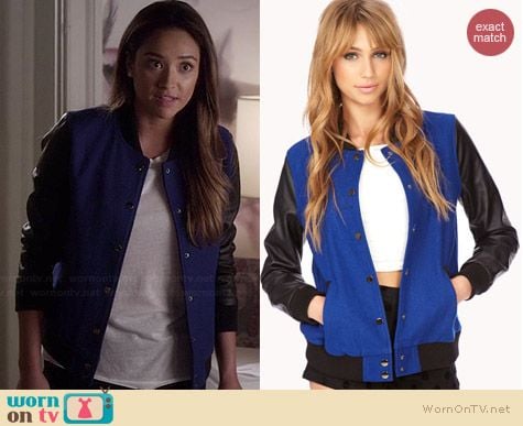 Forever 21 Fresh Colorblocked Varsity Jacket worn by Shay Mitchell on PLL