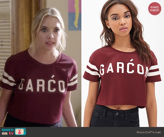 Forever 21 Garcon Graphic Crop Top worn by Ashley Benson on PLL