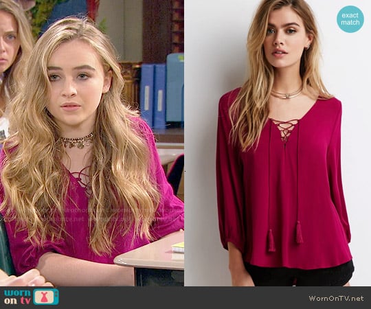 Forever 21 Tasseled Self-Tie Peasant Top worn by Maya Hart (Sabrina Carpenter) on Girl Meets World