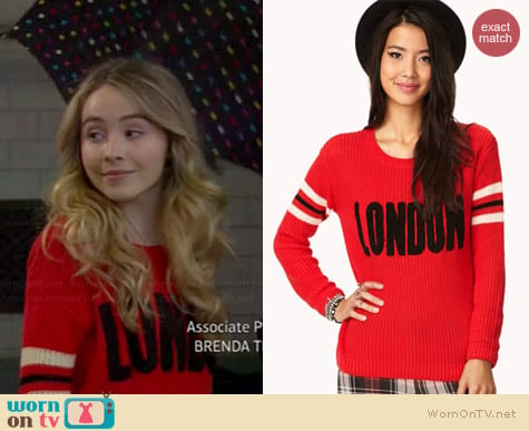 Forever 21 Varsity Striped London Sweater worn by Sabrina Carpenter on Girl Meets World