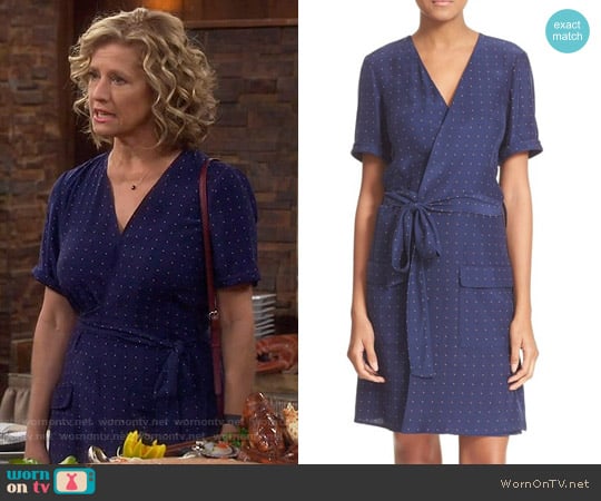 Frame 'Le Wrap Tie' Silk Wrap Dress in Navy Dot worn by Vanessa Baxter (Nancy Travis) on Last Man Standing