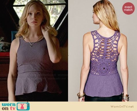 Free People Affairs in Versailles Peplum Top in Purple worn by Candice Accola on The Vampire Diaries