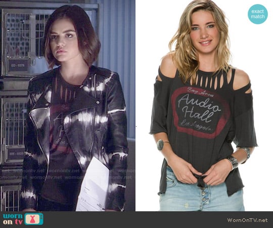 Free People All Tore Up Graphic Tee worn by Aria Montgomery (Lucy Hale) on Pretty Little Liars