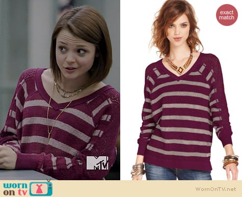 Free People Striped Pointelle Dolman Sweater in Berry worn by Kathryn Prescott on Finding Carter