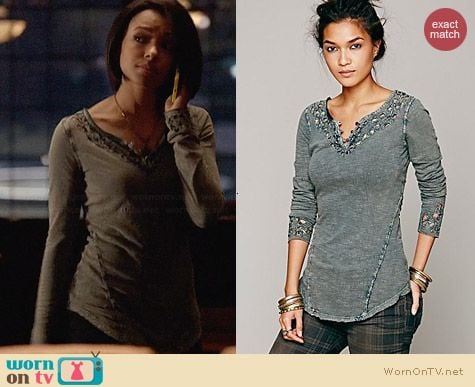 Free People Blue Luna Top in Dark Turquoise worn by Kat Graham on The Vampire Diaries