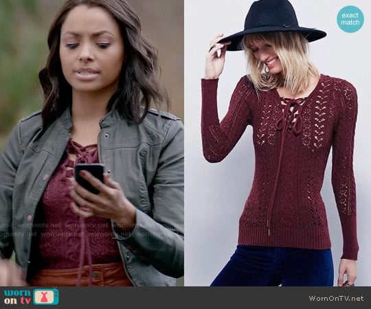 Free People Ginger Cross Tie Sweater worn by Bonnie Bennett (Kat Graham) on The Vampire Diaries