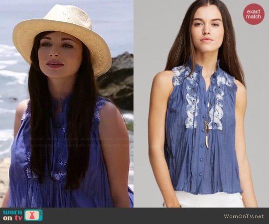 Free People Sleeveless Lace Inset Collar Buttondown worn by Ashley Rickards on Awkward