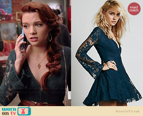 Free People Reign Over Me Lace Dress in Deep Teal worn by Katie Stevens on Faking It