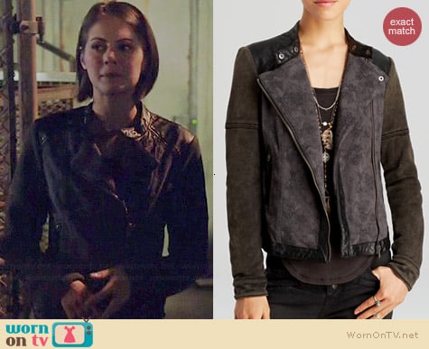 Free People Rugged Pieced Faux Leather Trim Moto Jacket worn by Willa Holland on Arrow