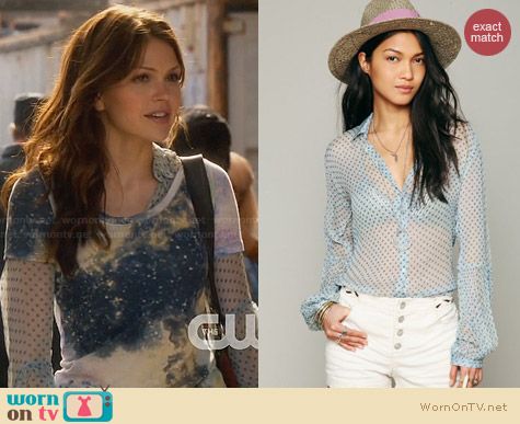 Free People Sheer Dot Button Down Shirt in Blue worn by Aimee Teegarden on Star-Crossed