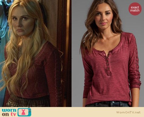 Free People Shell Stitch Lace Henley in Deep Red worn by Claire Bowen on Nashville