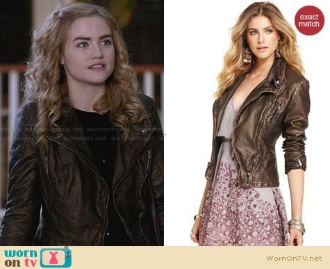 Free People Vegan Leather Jacket in Washed Gold worn by Maddie Hasson on Twisted