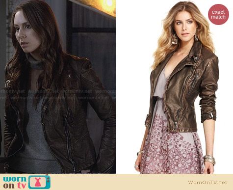 Free People Vegan Leather Jacket in Gold worn by Troian Bellisario on PLL