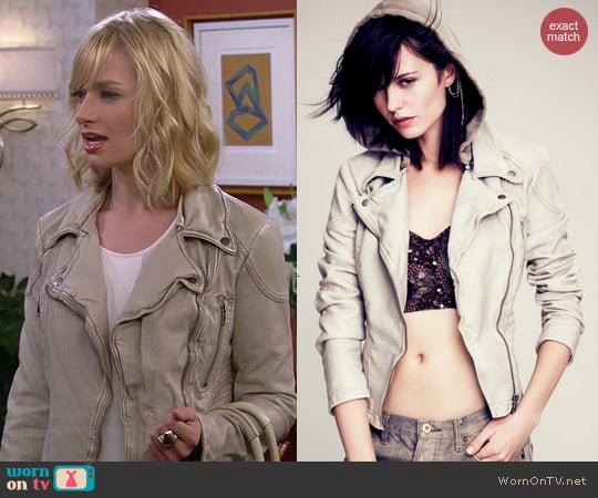 Free People Vegan Leather Hooded Motorcycle Jacket worn by Beth Behrs on 2 Broke Girls