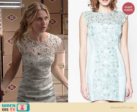 French Connection Encrusted Lace Dress in Tea Tree worn by Rita Volk on Faking It