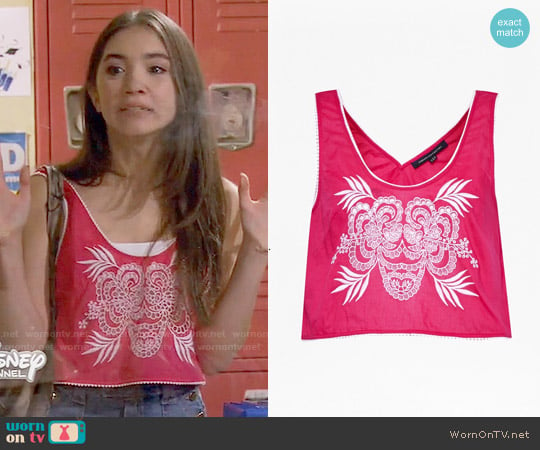 French Connection Harlan Printed Crop Top in Passion Pink worn by Riley Matthews (Rowan Blanchard) on Girl Meets World