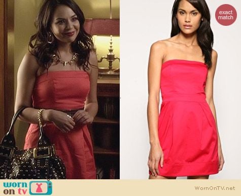 French Connection Red Strapless Tulip Dress worn by Janel Parrish on PLL